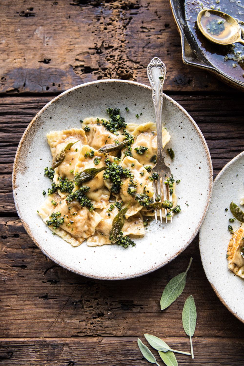 Fancy vegetarian pasta recipes Butternut Squash Cheese Ravioli with sage Pesto 