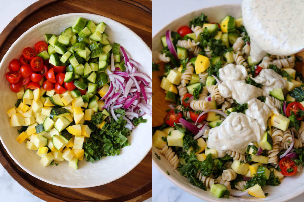 assembling for vegetarian cold pasta salad recipe