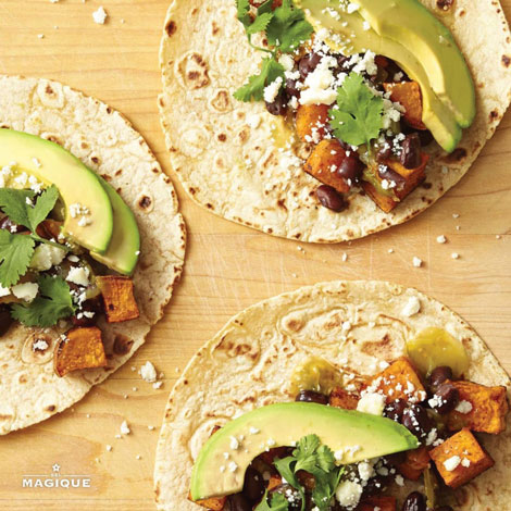 Vegetarian Tacos with Black Beans and Avocado with sweet potato